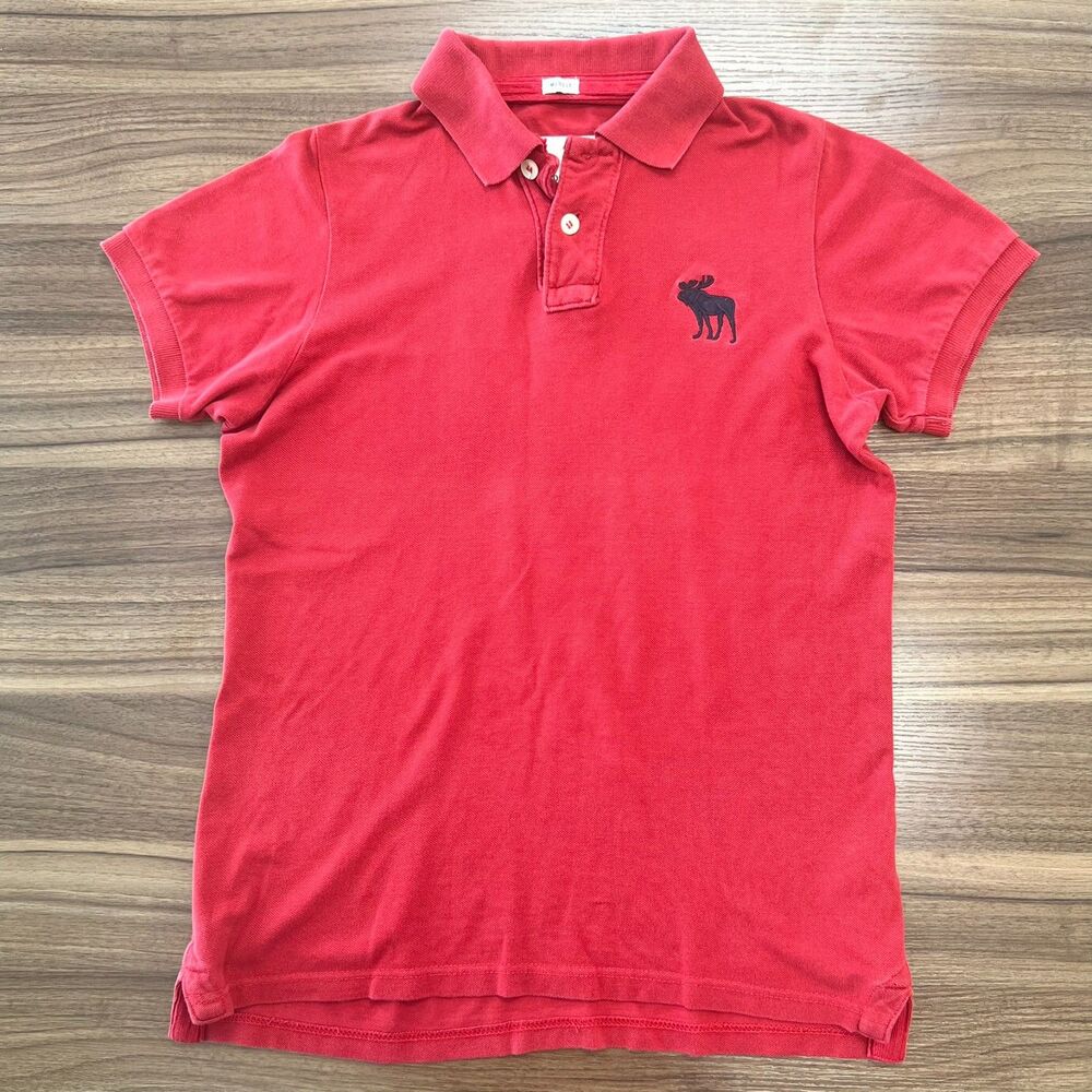 Y2K A&F Abercrombie & Fitch Red Polo Shirt Red Large Moose Logo Muscle Fit Small